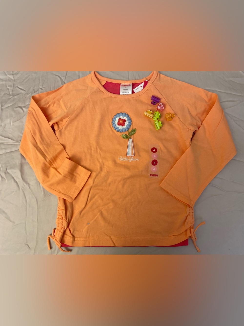 NWT Gymboree Peach-Orange Long Sleeve Flower Applique Tee & Hair accessories